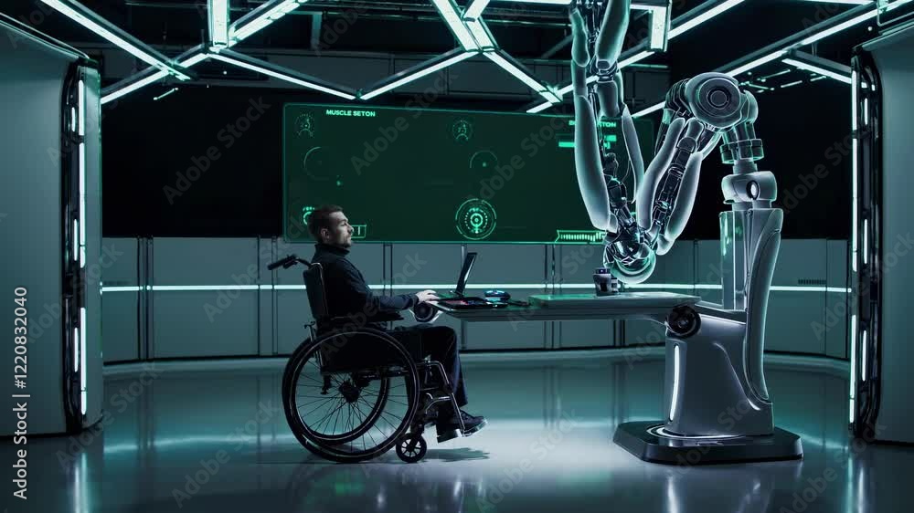 Poster Exploring advanced robotics and assistive technology in a futuristic lab environment