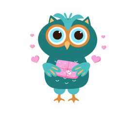 Owl with a gift, hearts. Cute bright cartoon owl. Design of a postcard, invitation for Valentine's Day, birthday, wedding.