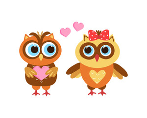 A couple of cartoon owls with hearts. Cute colorful set of owls in love. Valentine's Day, birthday, wedding.