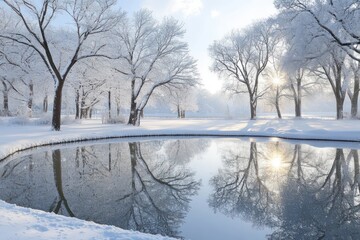 A tranquil winter lake reflecting snow-covered trees and soft sunlight