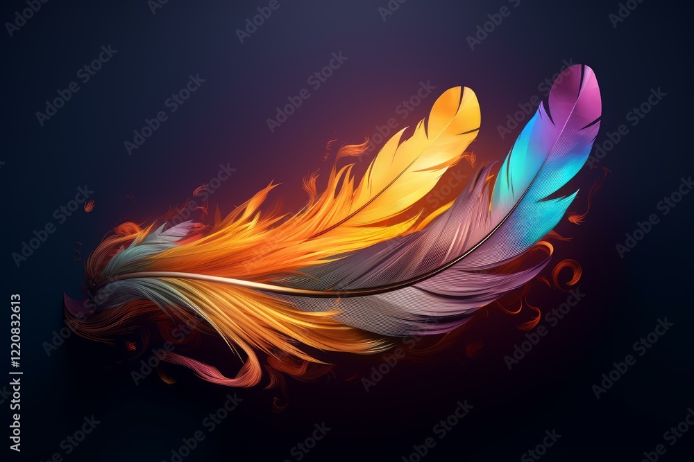 Poster vibrant, multicolored feathers swirling together, creating a dynamic and visually captivating scene