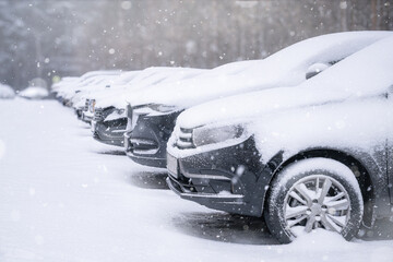Snowfall, Snow-covered cars in a row in the parking lot. A group of snowcovered cars parked in a winter parking lot during a chilly season