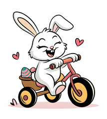 Adorable White Bunny Riding a Tricycle with a Basket of Colorful Easter Eggs, Surrounded by Floating Hearts on a Transparent Background