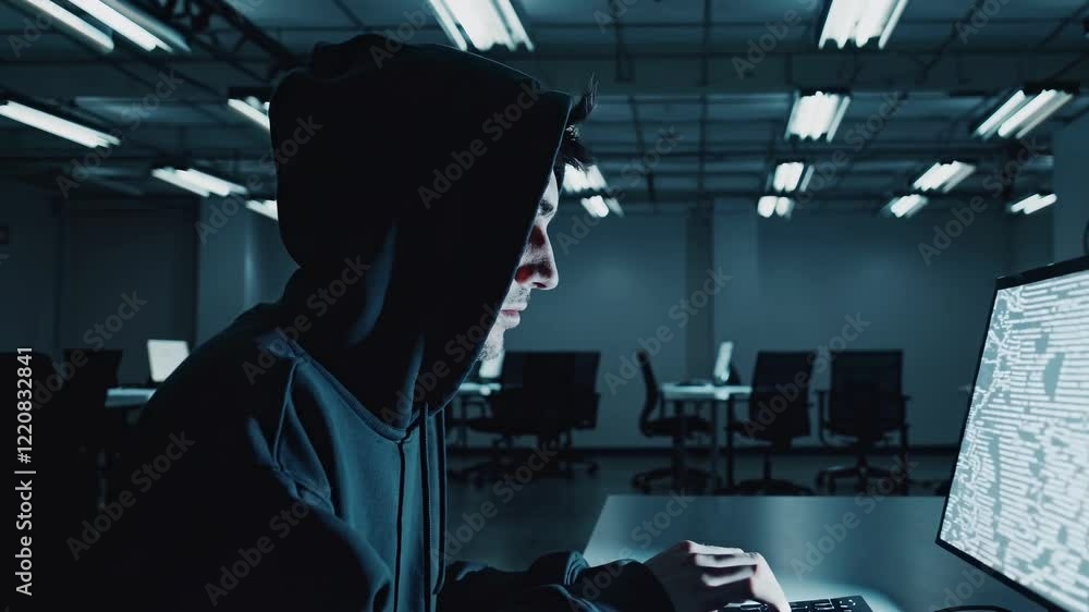 Poster mysterious actions unfold in a dimly lit office environment during late night hours