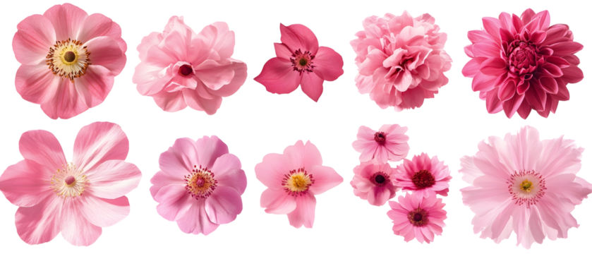 A collection of pink flowers with varied shapes and intricate petal designs. Isolated on White Background, clipping path  - 