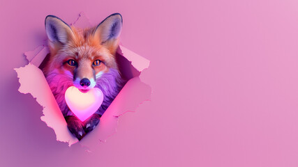 Obraz premium Fox With Pink Heart In Torn Pink Paper Setting