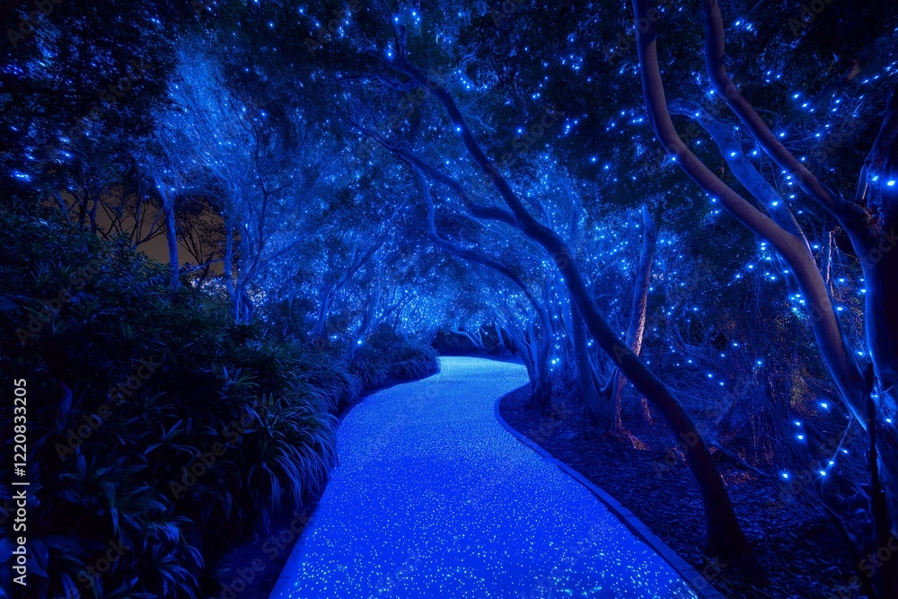 Poster a mystical moonlit pathway through an ethereal forest of bioluminescent trees