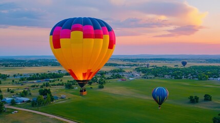 Fototapeta premium Colorful Hot Air Balloons Flying Over Scenic Landscape at Sunset