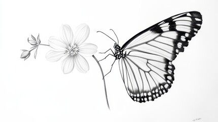 Obraz premium Detailed Pencil Drawing of Butterfly and Flower on White Background