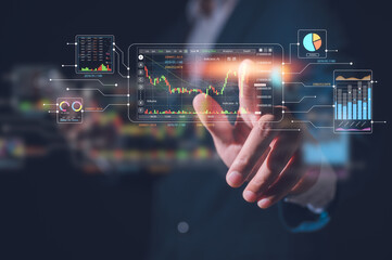An analyst present or touching dashboard for data business analysis and Data Management System with...