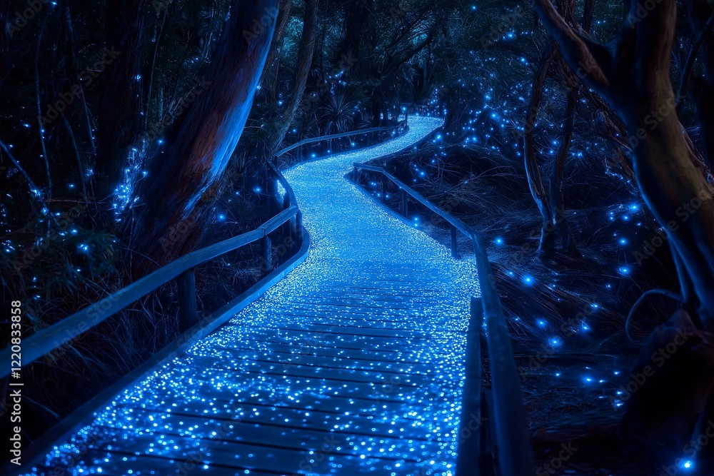 Poster a mystical moonlit pathway through an ethereal forest of bioluminescent trees