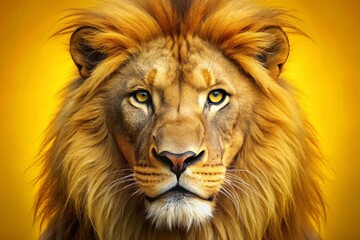 Fototapeta premium Majestic Lion Close-Up: 3D Loop Animation, Solid Yellow Background Stock Photo