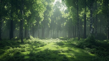 Obraz premium Lush green forest scene with sunlight filtering through trees, creating a serene and tranquil atmosphere