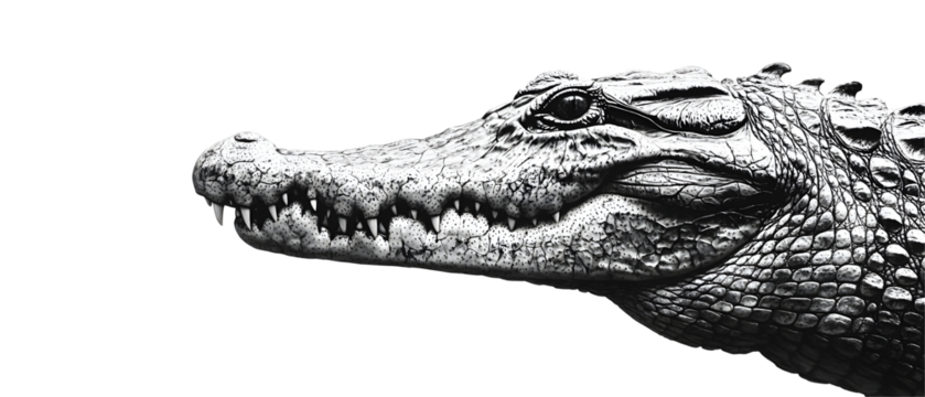 A crocodile with its mouth closed, showcasing detailed scales and texture. Isolated on White Background, clipping path  - 
