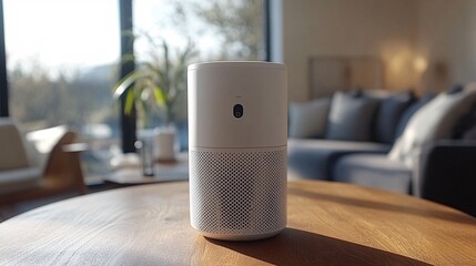 Modern Air Purifier on Wooden Table in Stylish Interior