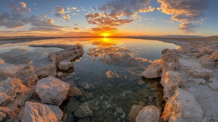 Serene sunset over a tranquil lake with rocky shores reflecting vibrant clouds and colors