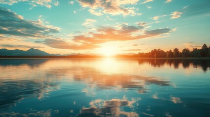 Serene sunset over a tranquil lake with reflections, surrounded by mountains and trees