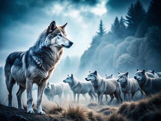 Naklejka premium Majestic Lone Wolf Gazing at Sheep Herd in Misty Black and White Landscape - Nature Wildlife Photography