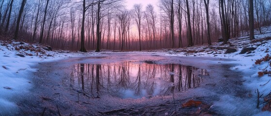 Serene winter landscape with a frozen pond reflecting trees at dusk in a tranquil forest setting