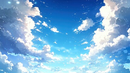 Expansive blue sky filled with fluffy clouds and twinkling stars, evoking a serene atmosphere