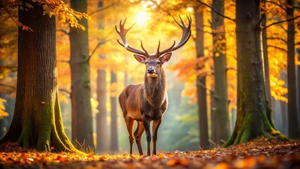 Fototapeta premium Majestic Male Deer in Autumn Forest - Wildlife Stock Photo