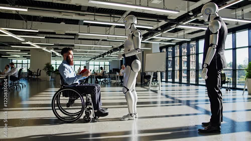 Leinwandbilder man in wheelchair interacts with humanoid robots in modern office setting during daytime