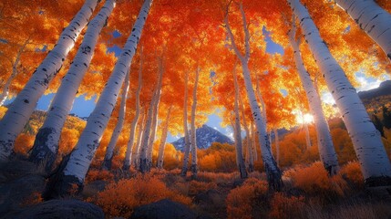 Vibrant autumn forest with golden aspen trees reaching towards a clear blue sky at sunset