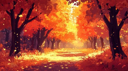 Vibrant autumn forest path illuminated by golden sunlight, surrounded by colorful foliage and serenity