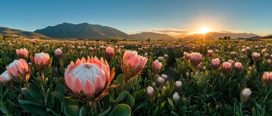 Vibrant field of protea flowers blooming under a sunset with mountains in the background