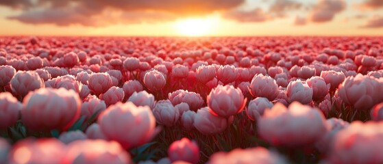 Vibrant field of blooming tulips at sunset, showcasing nature's beauty and tranquility