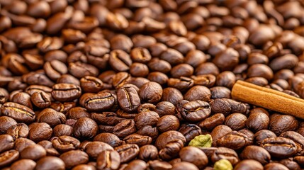 Naklejka premium A close-up of Moroccan coffee beans with spices like cinnamon and cardamom, laid on a vibrant textile