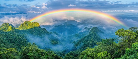 Majestic rainbow arches over lush green mountains and misty valleys, capturing nature's beauty