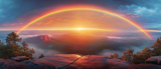 Breathtaking sunset over mountains with a vibrant rainbow arching across the sky, serene landscape