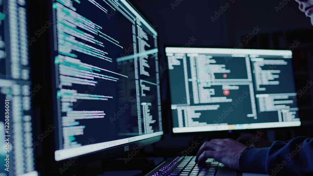Poster exploring data analytics in a dark workspace with multiple screens displaying financial charts