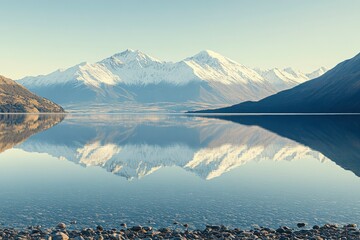 Serene mountain landscape reflecting in calm lake at dawn, showcasing nature's tranquility and beauty