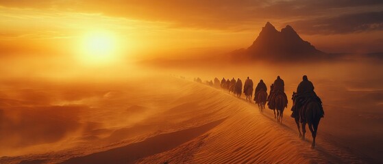 Camel caravan traversing golden desert at sunset, with mountains in the background and mist