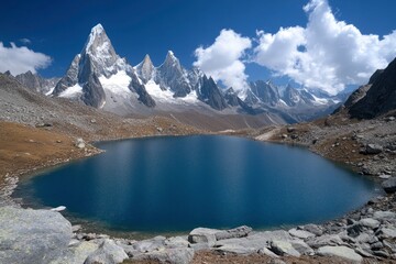 Majestic mountain landscape with a serene blue lake reflecting towering peaks under a vibrant sky