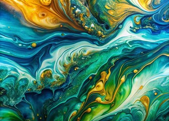 Abstract Fluid Art Landscape: Blue, Green, Gold & White Acrylic Paint Texture Background for Interior Design Posters