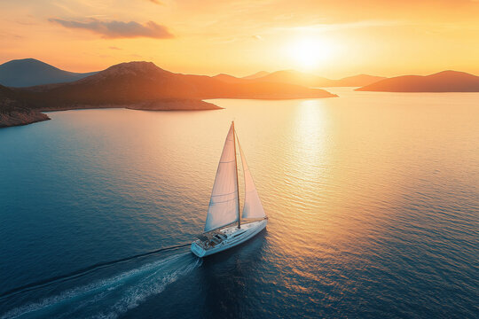 A lone sailboat gliding across a golden sunset sea