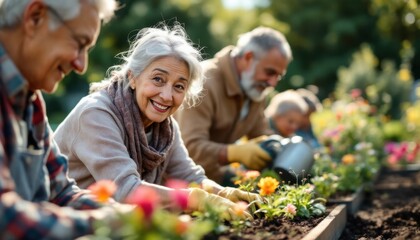 Elderly caucasian adults gardening together in vibrant flower bed