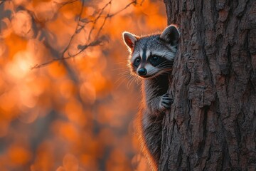 A curious raccoon peering from behind a tree trunk in a vibrant autumn forest with blurred foliage