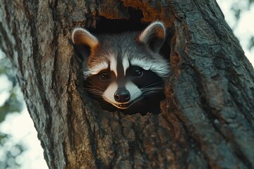 A curious raccoon peeks out from a tree hollow, surrounded by lush greenery and soft sunlight