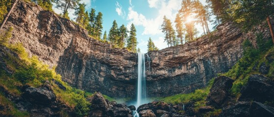 Majestic waterfall cascading down rocky cliffs surrounded by lush greenery and bright blue skies