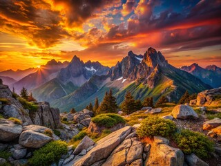 Naklejka premium Majestic Mountain Sunset: Breathtaking Panorama with Crisp Detail