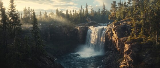 Serene waterfall cascading over rocky cliffs surrounded by lush greenery and misty sunlight
