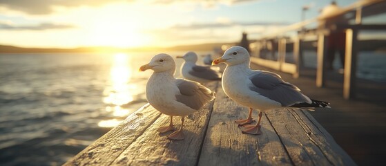 Seagulls perched on a wooden pier at sunset, with a serene waterfront and distant people enjoying the view