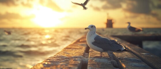 Seagull perched on a weathered pier at sunset, with ocean waves and distant birds in the background