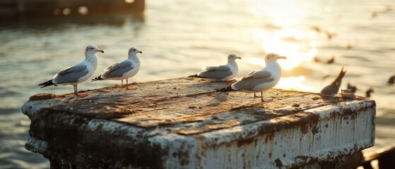 Seagulls perched on a weathered dock at sunset, with shimmering water and distant birds in the background