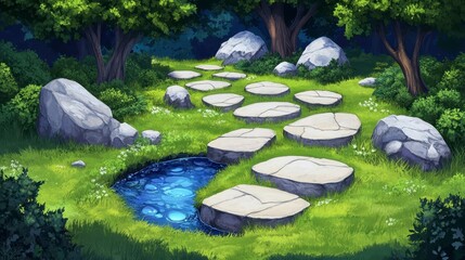 Serene Pathway Through Lush Greenery with Water Feature and Stones