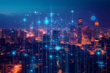 A glowing cyberpunk city skyline with neon lights and holograms